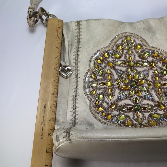 Brighton Pewter Anju Embellished Purse Jewel Masterpiece White Leather Bag Hobo - Picture 3 of 11